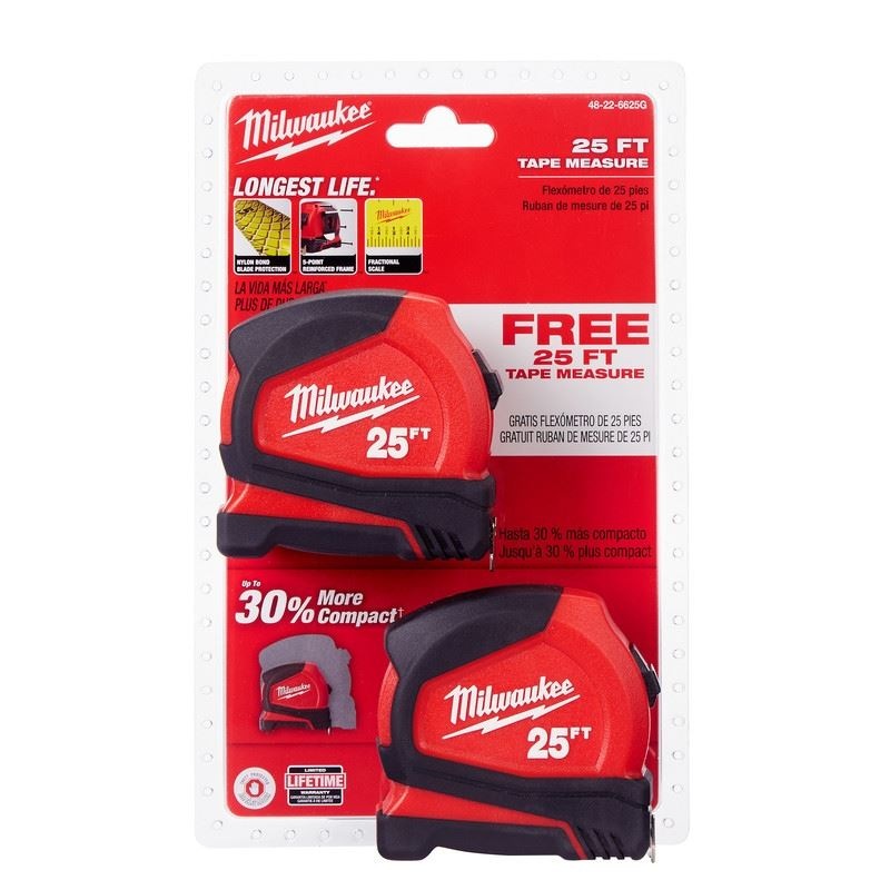 Milwaukee 48-22-6625G 25ft Compact Tape Measure – 2 Pack