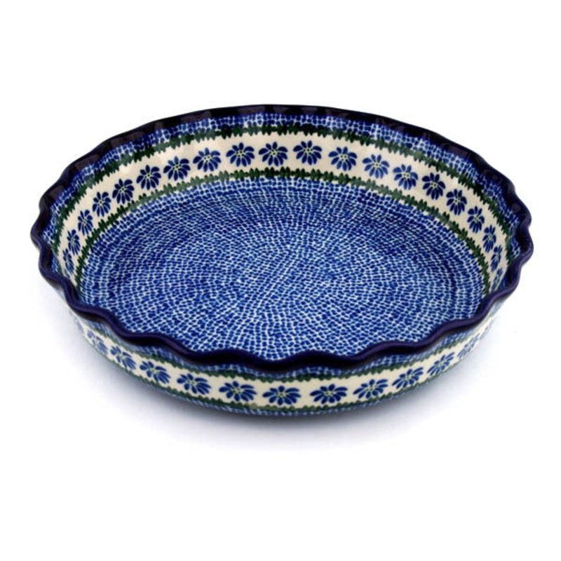 Polish Pottery 11 Fluted Pie Dish Polka Dot Daisy
