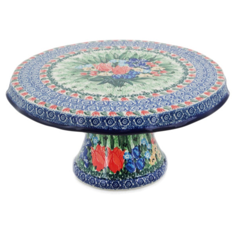 Polish Pottery 12 Cake Stand Spring Tulips UNIKAT