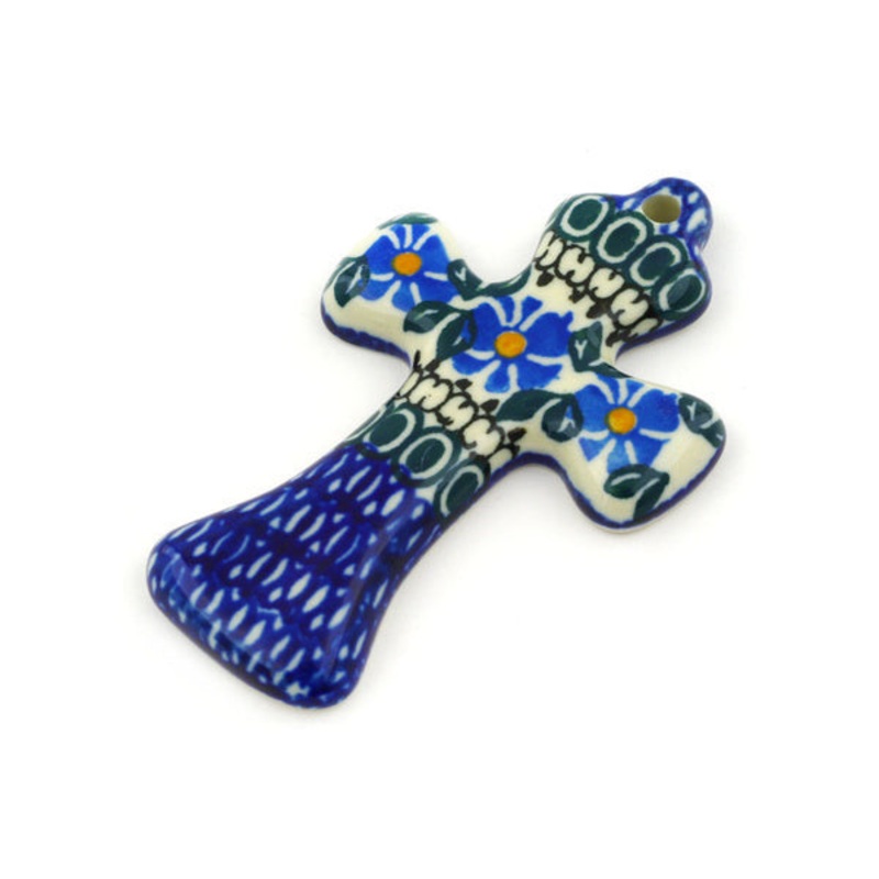 Polish Pottery 3 Cross Traditional Blue Wildflower