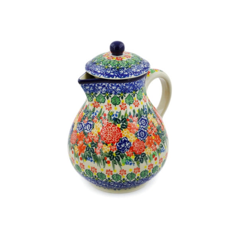Polish Pottery 34 oz Pitcher with Lid Red Bouquet UNIKAT