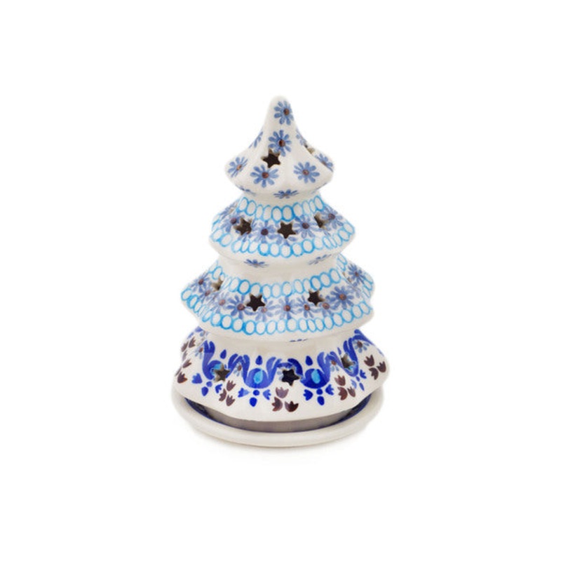 Polish Pottery 6 Christmas Tree Candle Holder Blue Ice