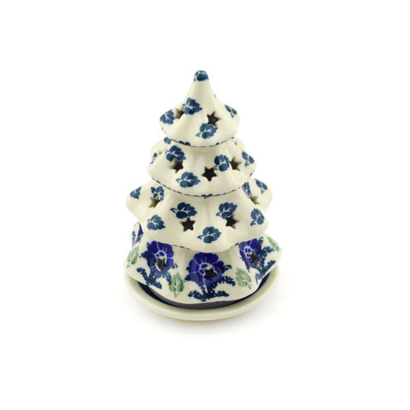 Polish Pottery 6 Christmas Tree Candle Holder Blue Lace