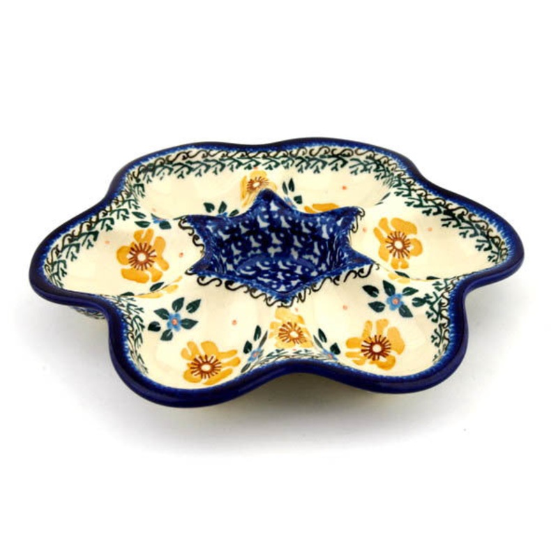 Polish Pottery 8 Egg Plate Sea Fall Yellow Flowers