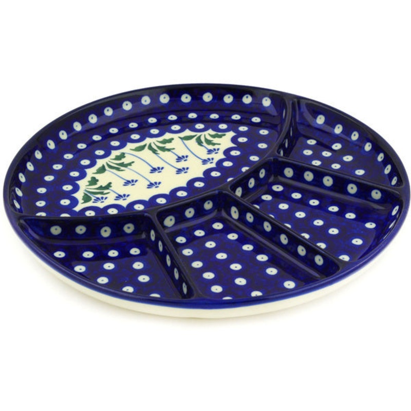 Polish Pottery 10 Divided Dish Blue Daisy Peacock