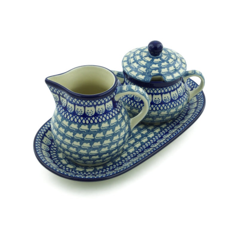 Polish Pottery 11 Sugar and Creamer Set Cat And Mouse Brigade UNIKAT