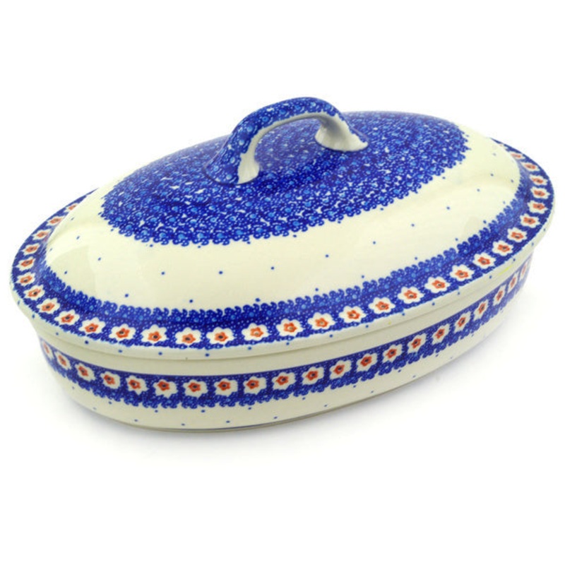 Polish Pottery 12 Baker with Cover Underwater Flowers