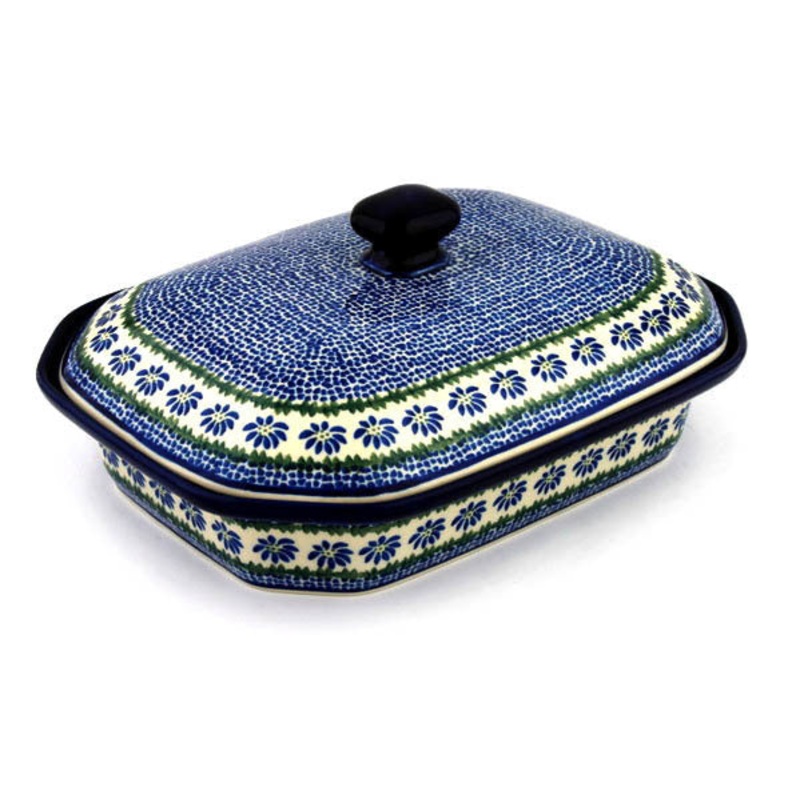 Polish Pottery 12 Dish with Cover Polka Dot Daisy