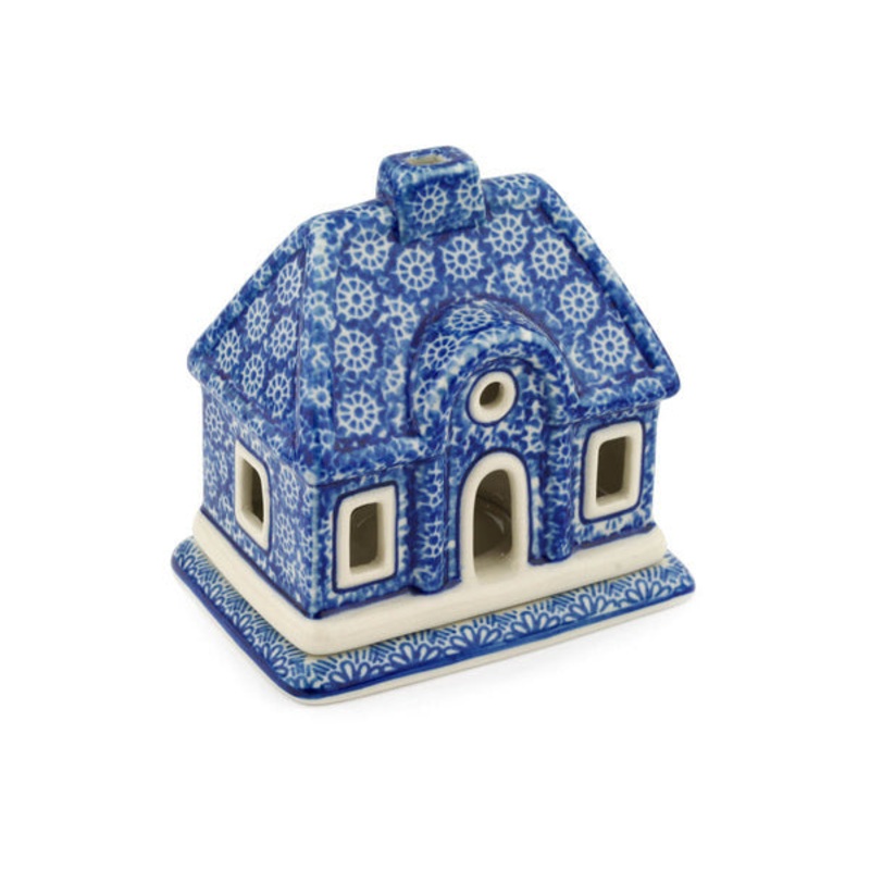 Polish Pottery 5 House Shaped Candle Holder Winter Frost