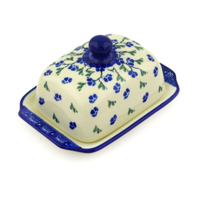 Polish Pottery 6 Butter Dish Cascading Blue Blossoms