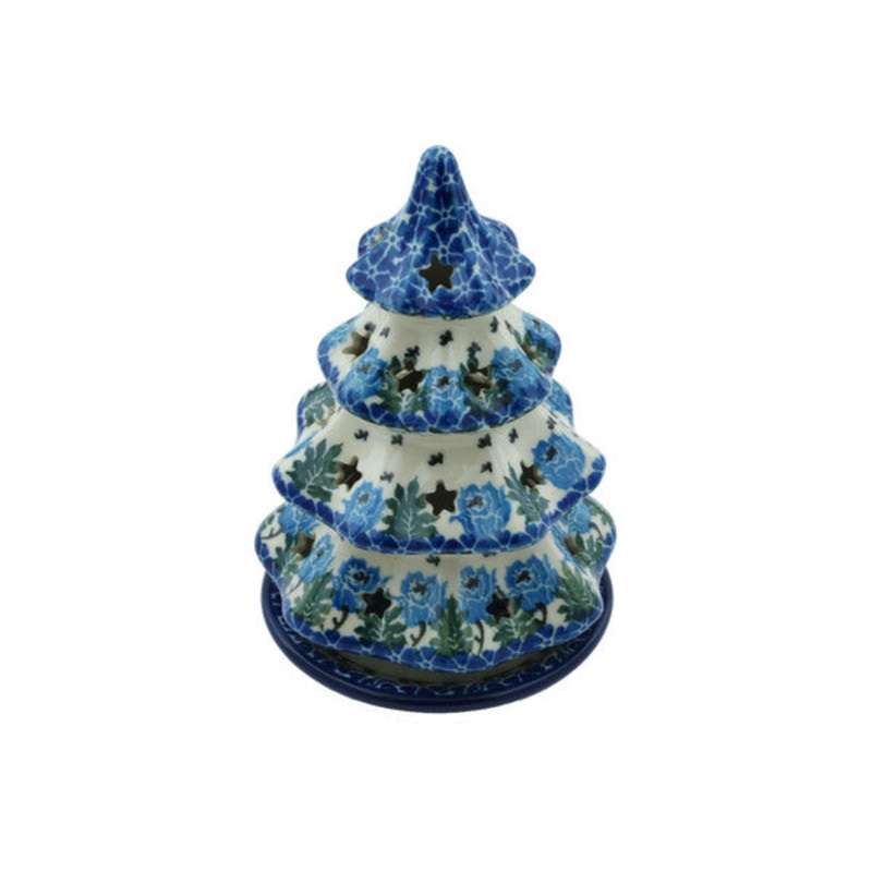 Polish Pottery 6 Christmas Tree Candle Holder Blue Rosette Wreath