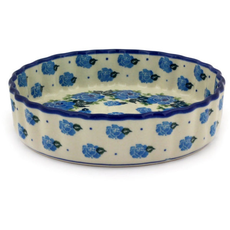 Polish Pottery 6 Fluted Pie Dish Rose Wreath
