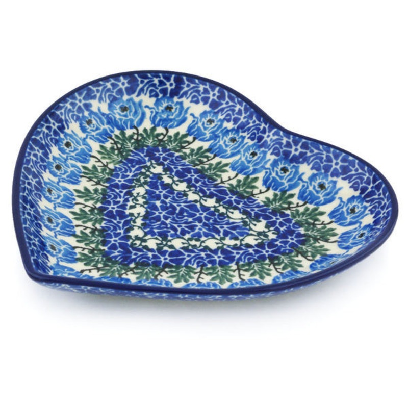 Polish Pottery 7 Heart Shaped Platter Blue Rosette Wreath