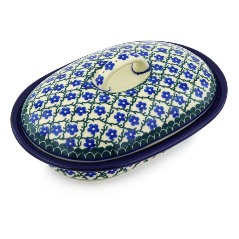 Polish Pottery 8 Baker with Cover Blue Daisy Trellis