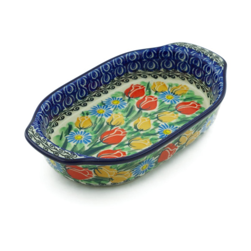 Polish Pottery 8 Oval Baker with Handles Breathtaking Tulips UNIKAT