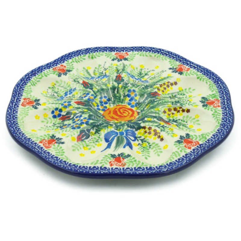 Polish Pottery 9 Egg Plate Sunset Rose Bouquet UNIKAT