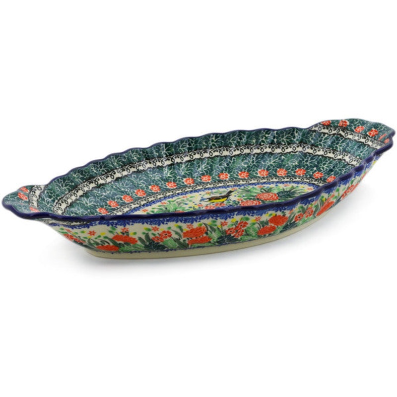 Polish Pottery 16 Platter with Handles Garden Bird UNIKAT