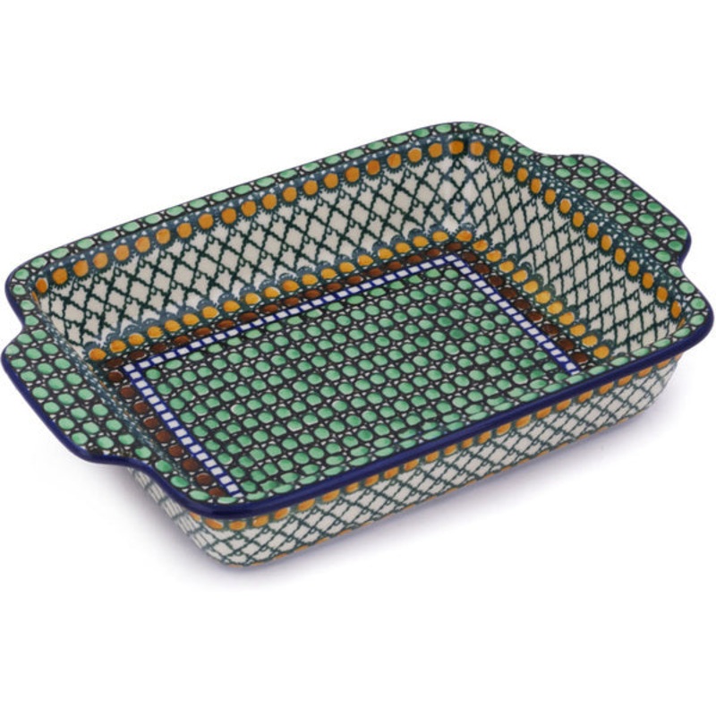Polish Pottery 9-inch Rectangular Baker with Handles Tranquility UNIKAT