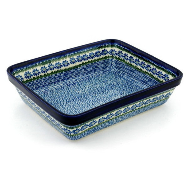 Polish Pottery 11 Rectangular Baker Polka Dot Daisy