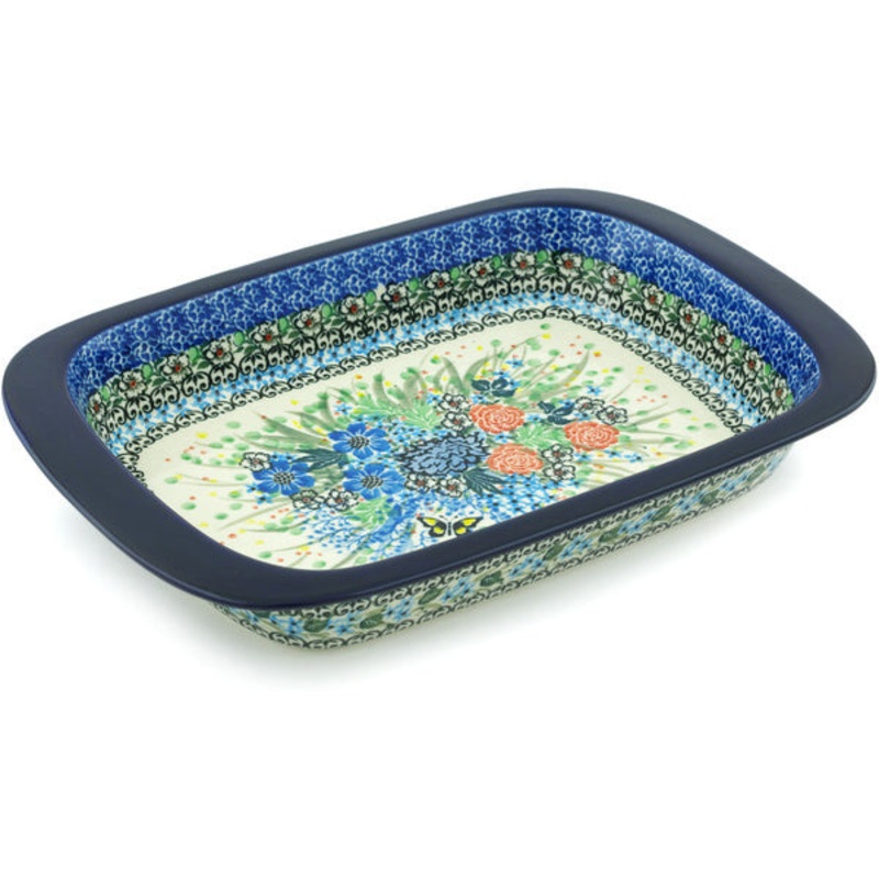 Polish Pottery 13 Rectangular Baker Baby’s Breath Butterfly UNIKAT