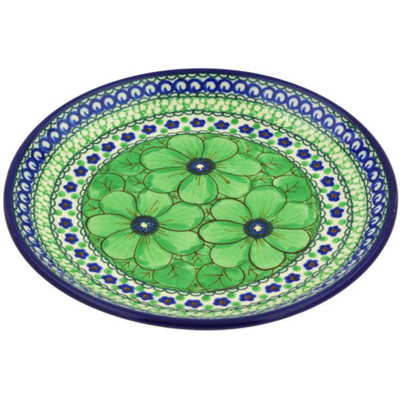 Polish Pottery Dessert Plate Green Pansies UNIKAT
