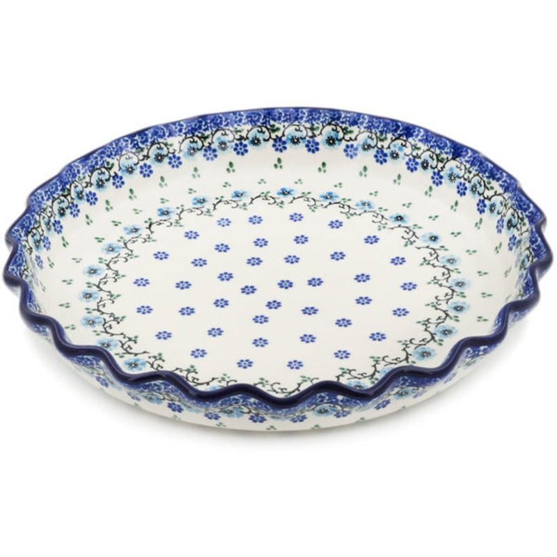 Polish Pottery 10 Fluted Pie Dish Blue Flowers Harmony