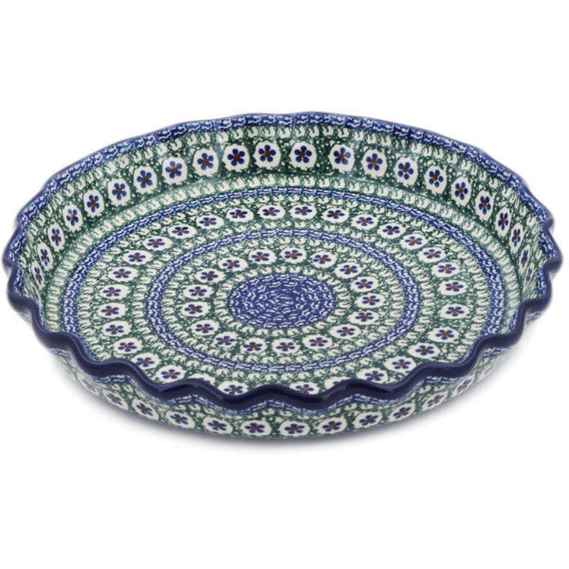 Polish Pottery 10 Fluted Pie Dish Daises And Tall Grass UNIKAT