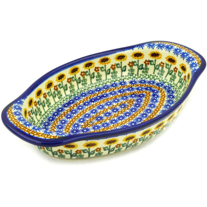 Polish Pottery 13 Oval Baker with Handles Field Of Sunflowers