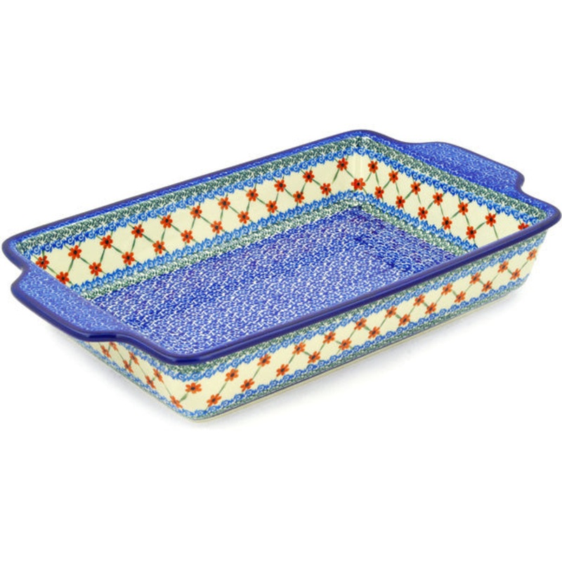 Polish Pottery 15 Rectangular Baker with Handles Daisy Lace