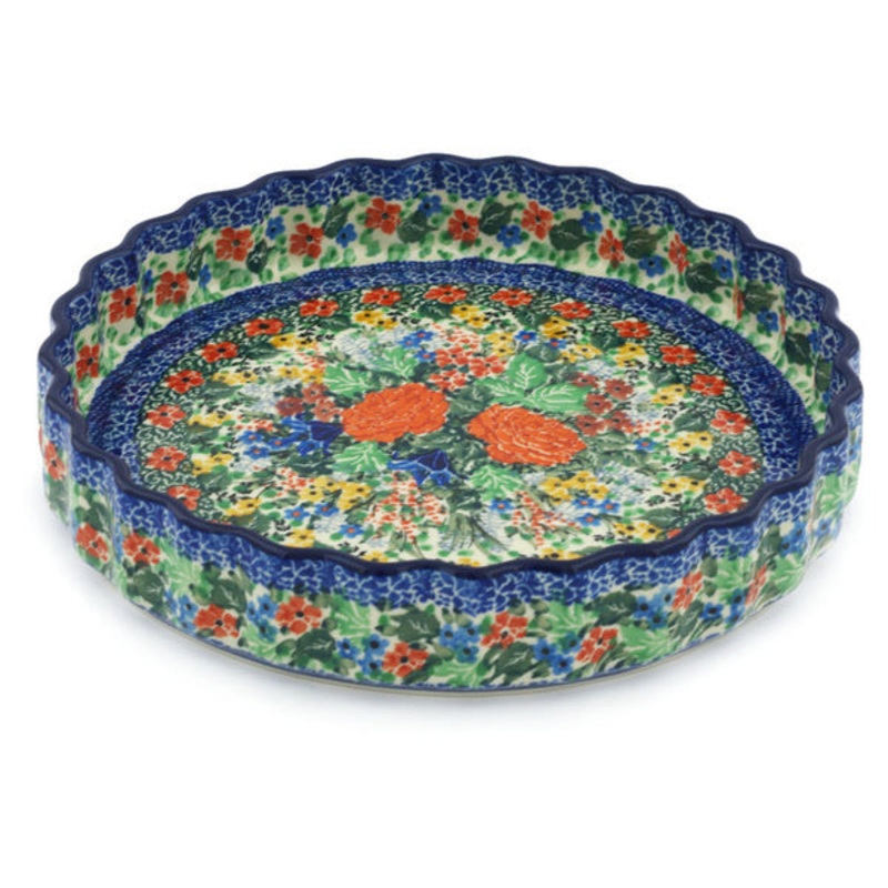 Polish Pottery 9 Fluted Pie Dish Spring Garden UNIKAT