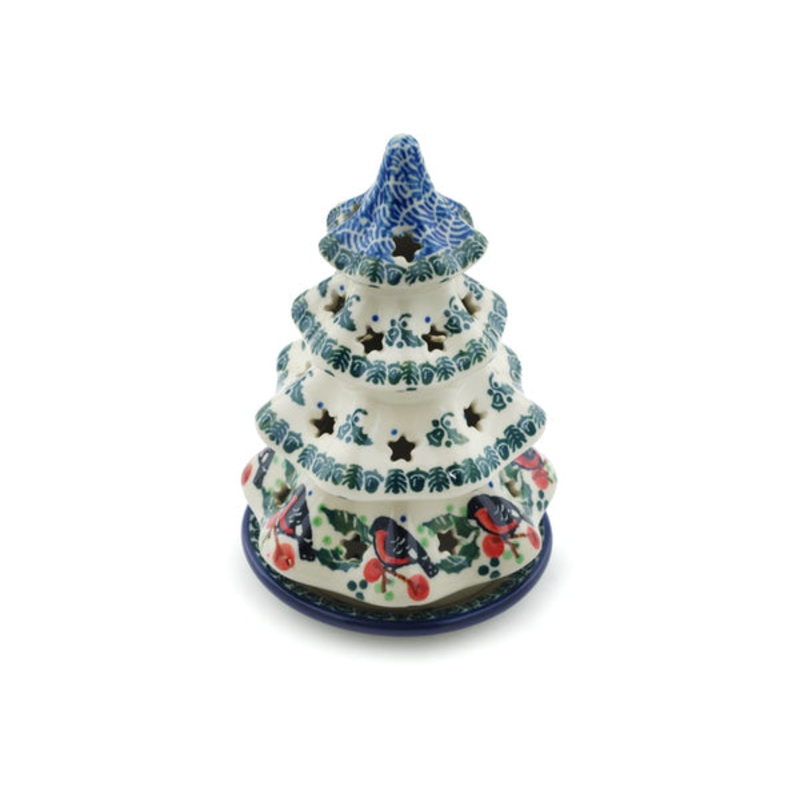 Polish Pottery 6 Christmas Tree Candle Holder Holly Robin