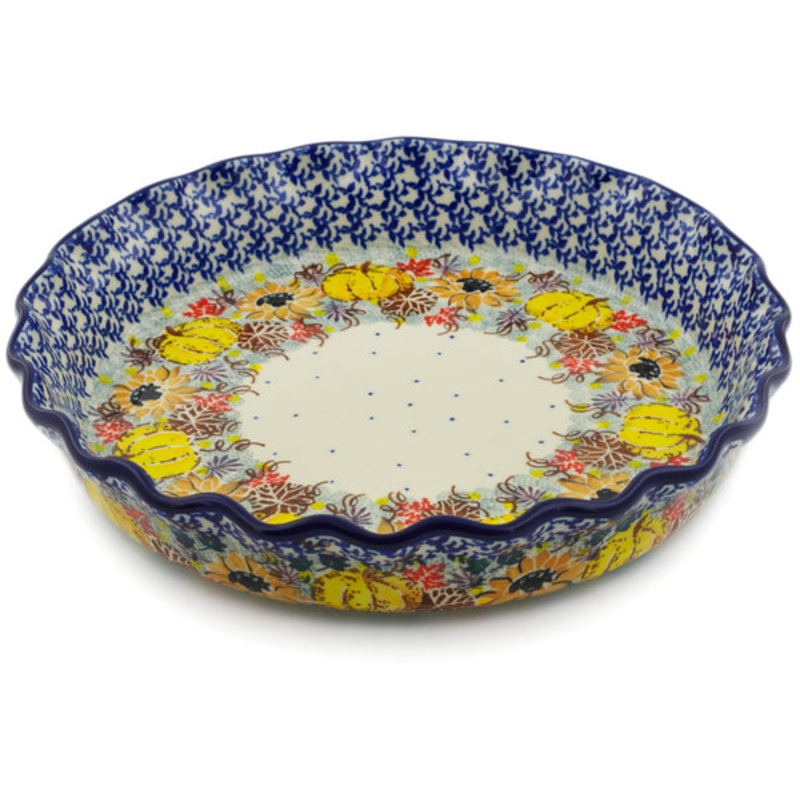 Polish Pottery 10 Fluted Pie Dish Autumn Falling Leaves UNIKAT