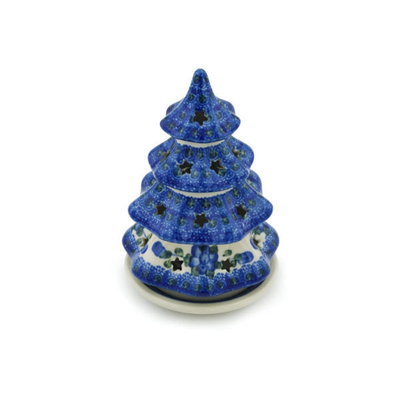 Polish Pottery 6 Christmas Tree Candle Holder Blue Poppies