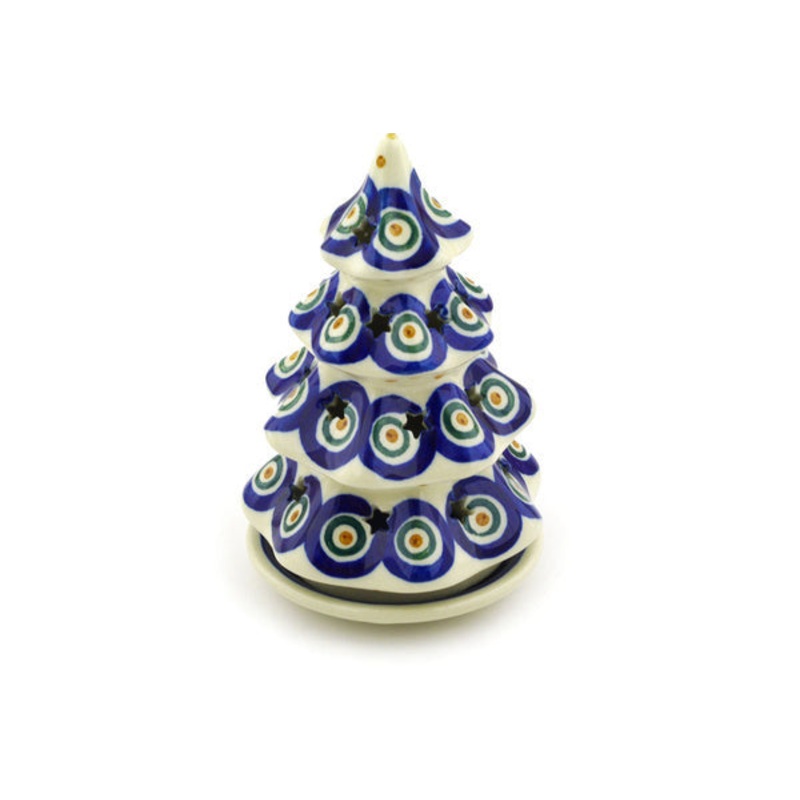 Polish Pottery 6 Christmas Tree Candle Holder Peacock Leaves