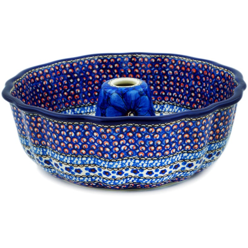 Polish Pottery 10 Cake Mould Cobalt Poppies UNIKAT