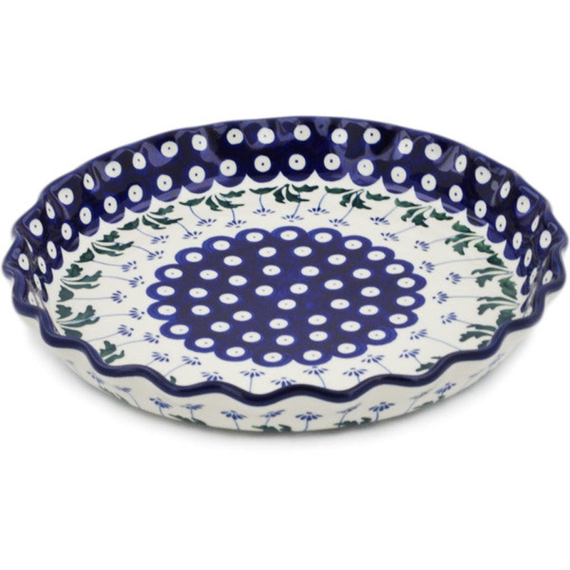 Polish Pottery 10 Fluted Pie Dish Blue Daisy Peacock