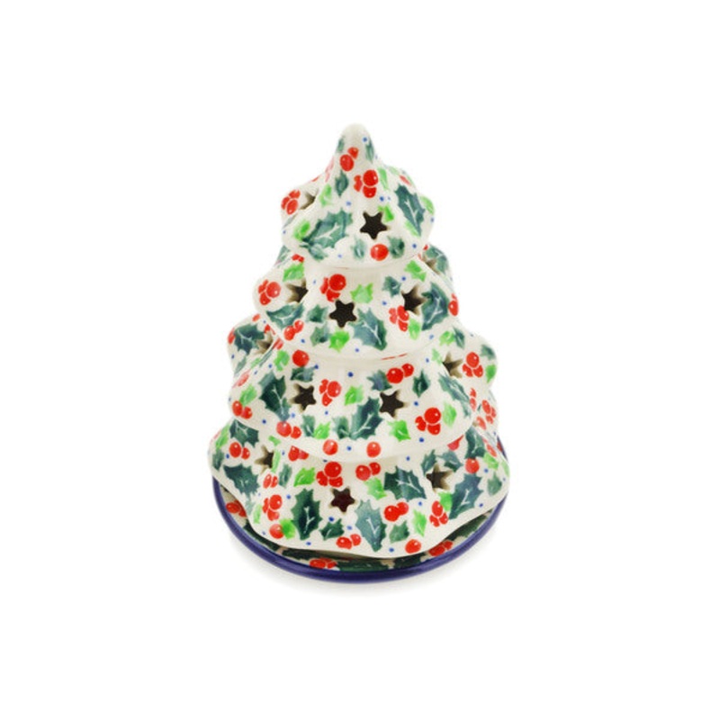 Polish Pottery 6 Christmas Tree Candle Holder Festive Berries UNIKAT