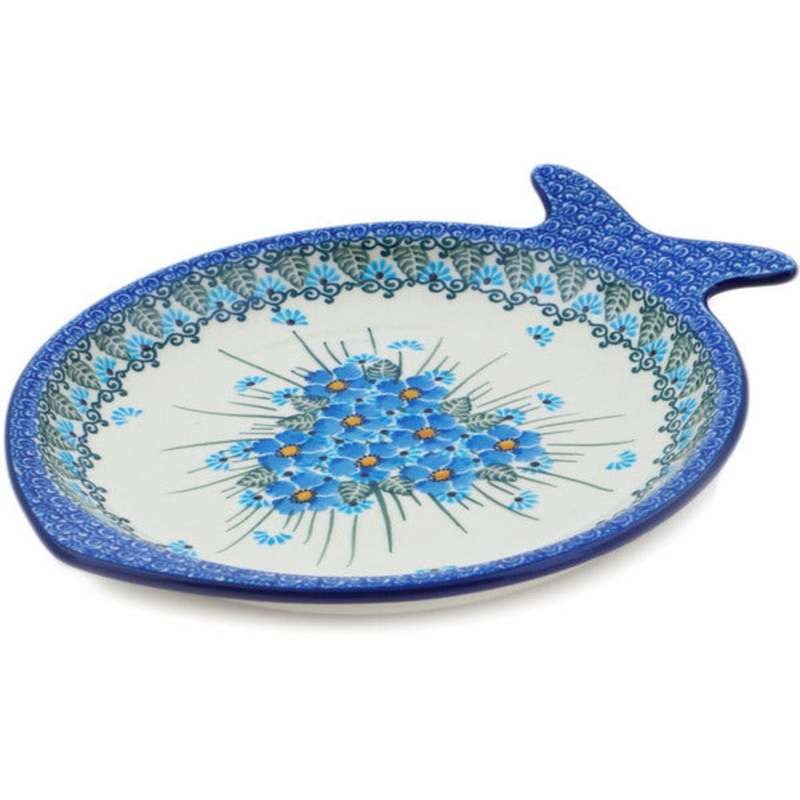 Polish Pottery 10 Fish Shaped Platter Forget Me Not UNIKAT