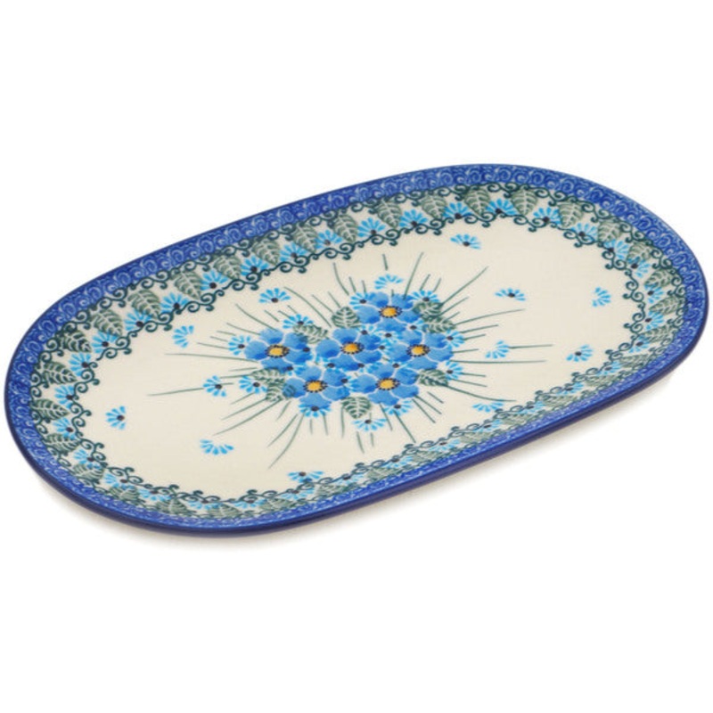 Polish Pottery 10 Oval Platter Forget Me Not UNIKAT