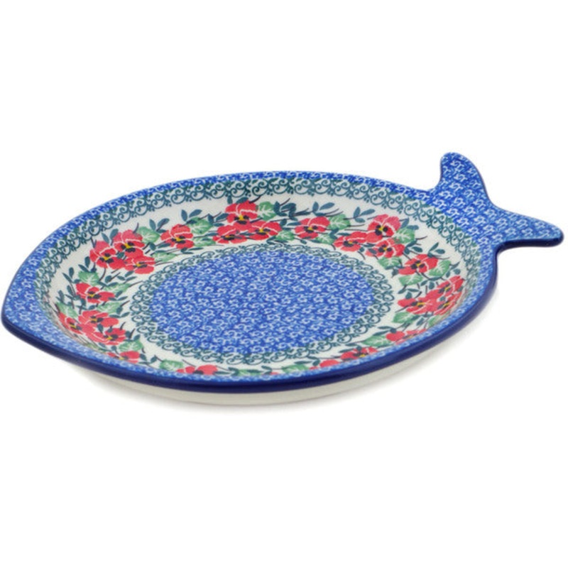 Polish Pottery 10 Fish Shaped Platter Red Pansy