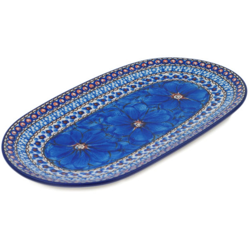 Polish Pottery 10 Oval Platter Cobalt Poppies UNIKAT