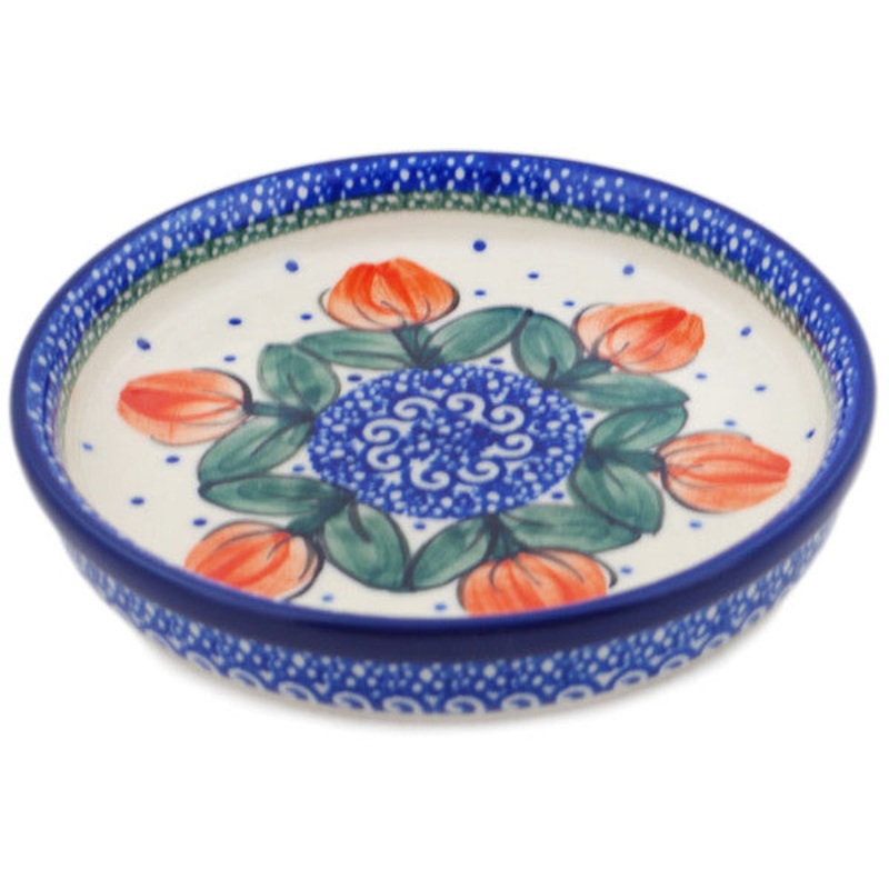 Polish Pottery 6 Condiment Dish Red Tulip Circle UNIKAT