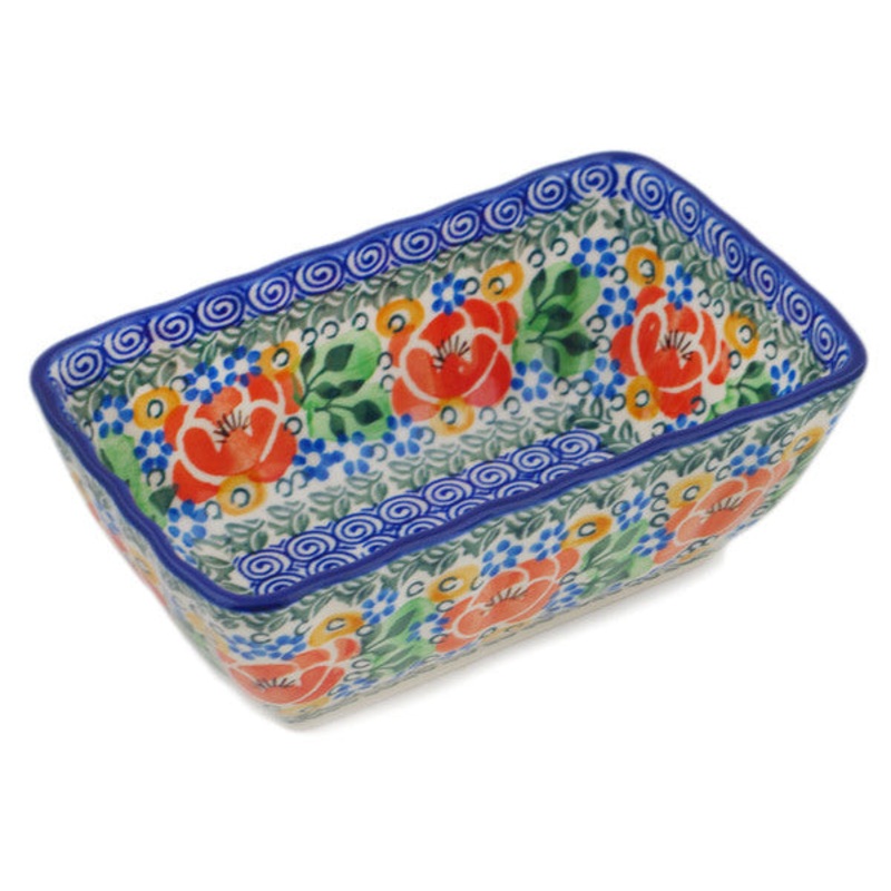 Polish Pottery Mini loaf pan Red Poppy Burst UNIKAT