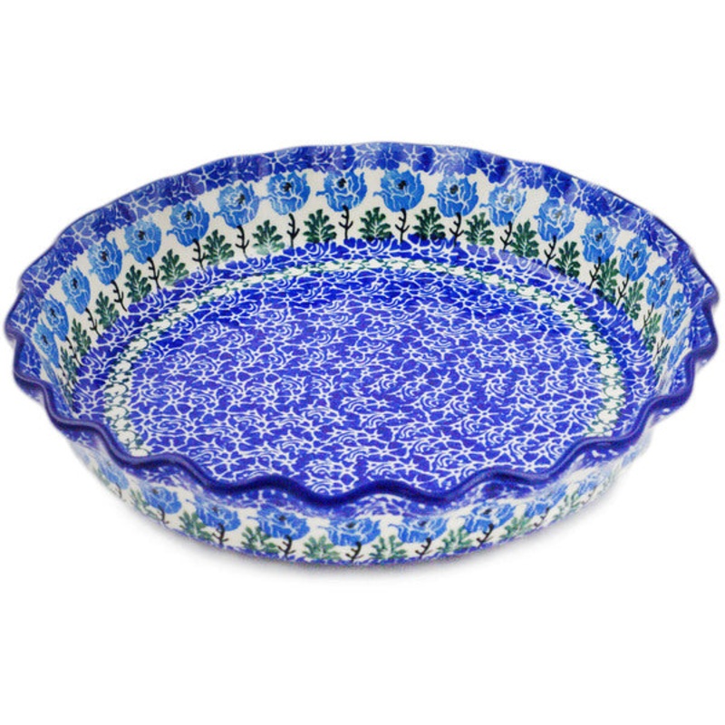 Polish Pottery 10 Fluted Pie Dish Blue Rosette Wreath