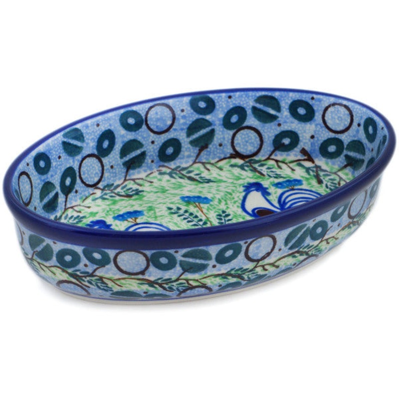 Polish Pottery 6 Condiment Dish Blue Rooster UNIKAT