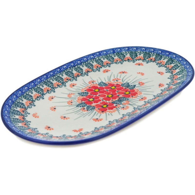 Polish Pottery 10 Oval Platter Pink Forget Me Not UNIKAT