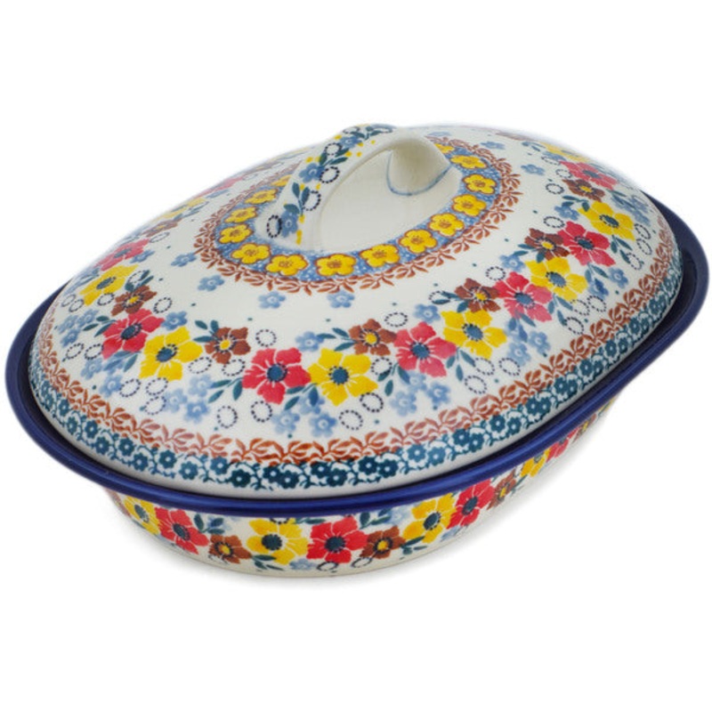 Polish Pottery 10 Baker with Cover Pretty In Bloom UNIKAT