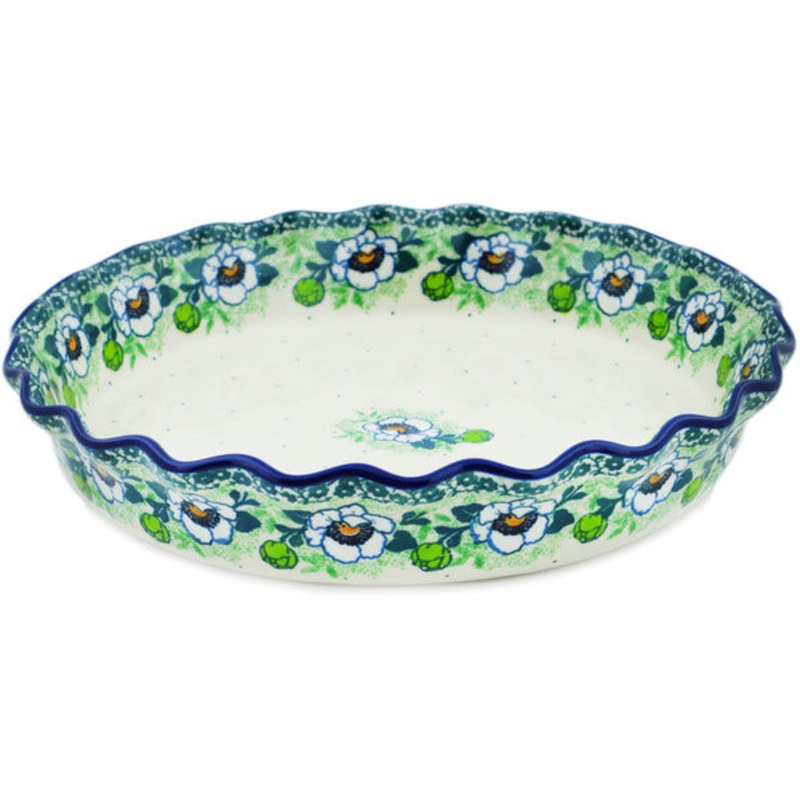 Polish Pottery 10 Fluted Pie Dish Green Flora