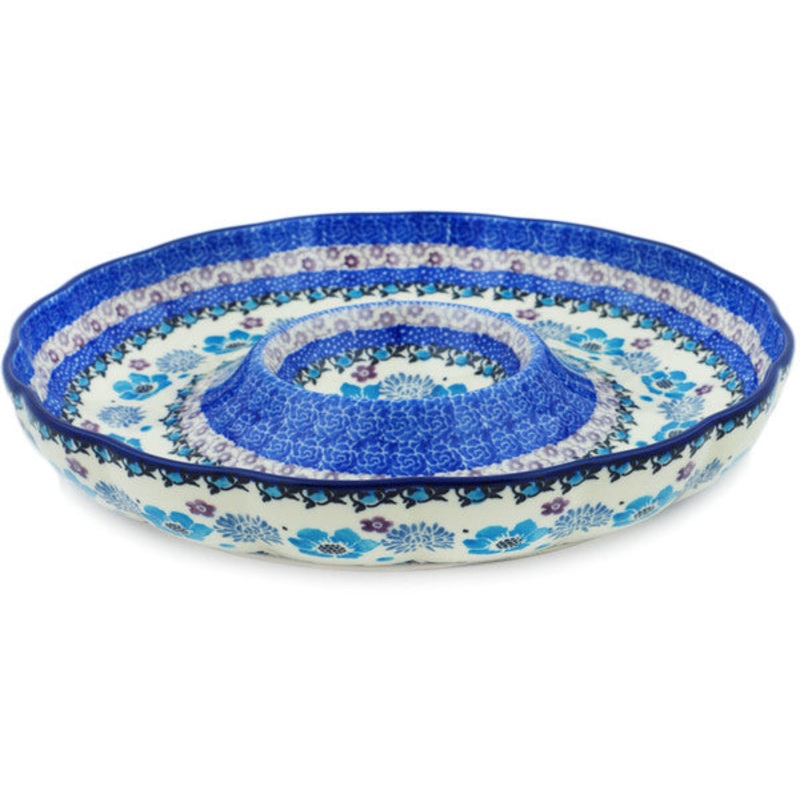 Polish Pottery 10 Chip and Dip Platter Blooming Blues