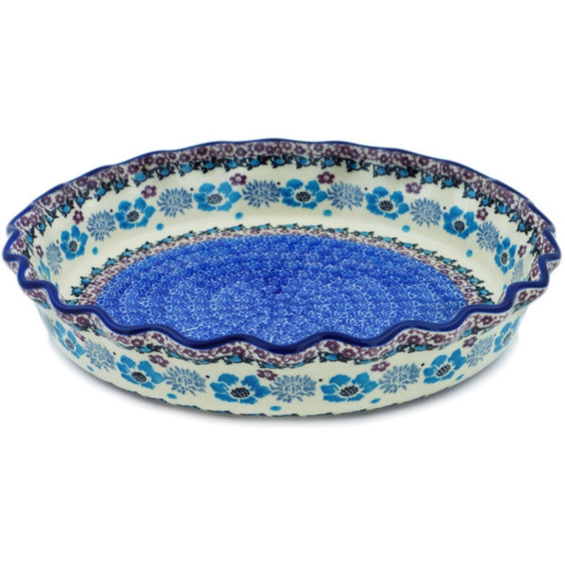 Polish Pottery 10 Fluted Pie Dish Blooming Blues
